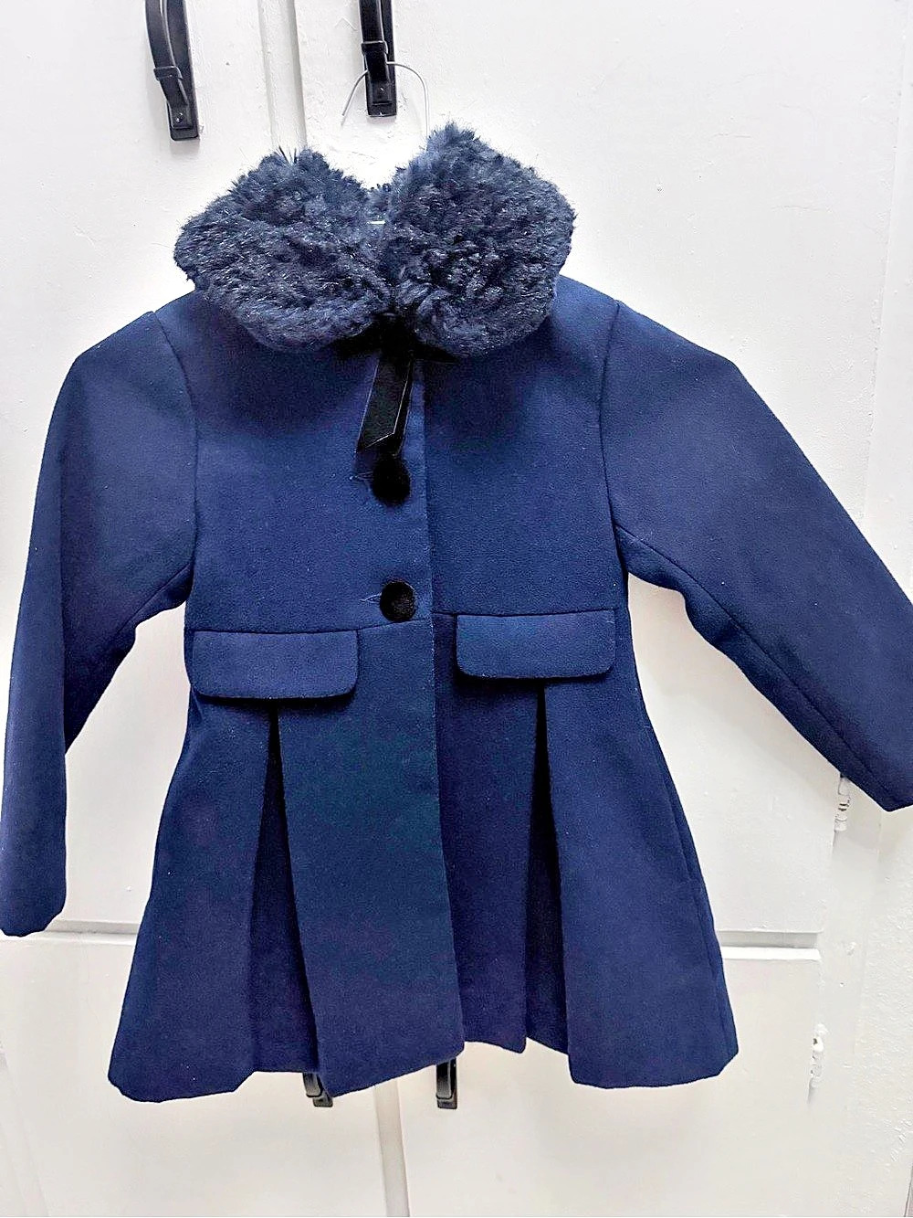 Edgehill collection Girls Navy Blue Felted Coat with Faux Fur Collar